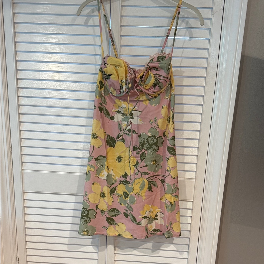 Selfie Leslie Pink and Yellow Floral Mini Dress NWT